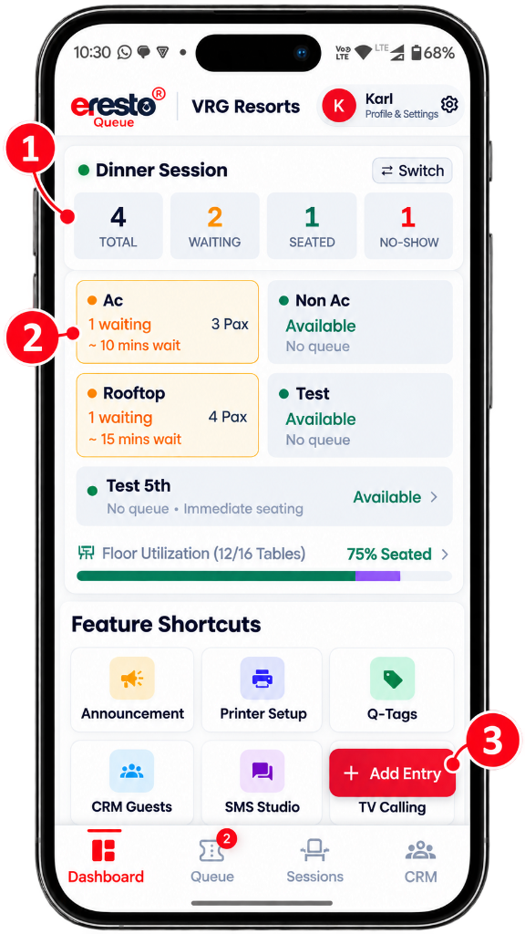 eresto Queue session dashboard — real-time waiting stats, line count by tag, and new guest registration