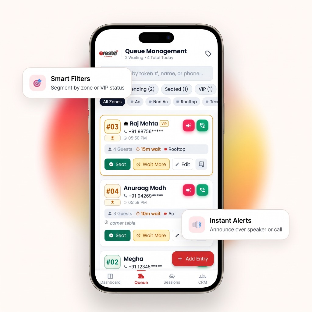 eresto Queue Management mobile app showing live waitlist, smart filters, and instant alerts