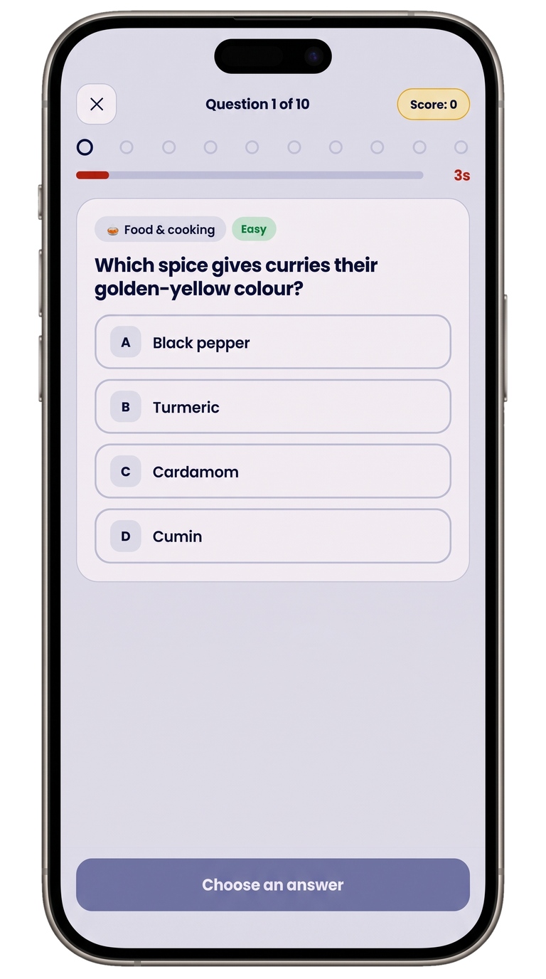 Quiz & Win Question screen — multiple choice trivia questions with live countdown timer and instant answer lock