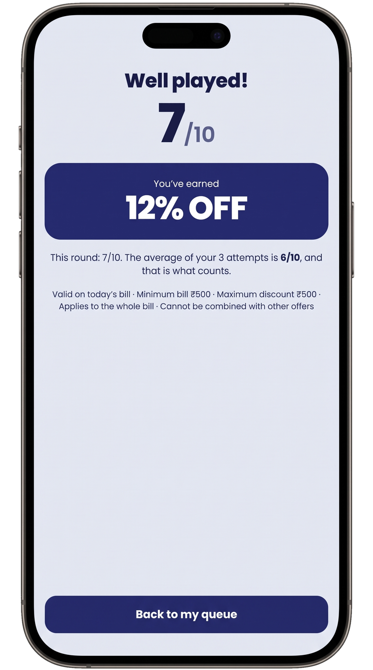 Quiz & Win Reward screen — instant restaurant bill discount tied directly to the guest waitlist token