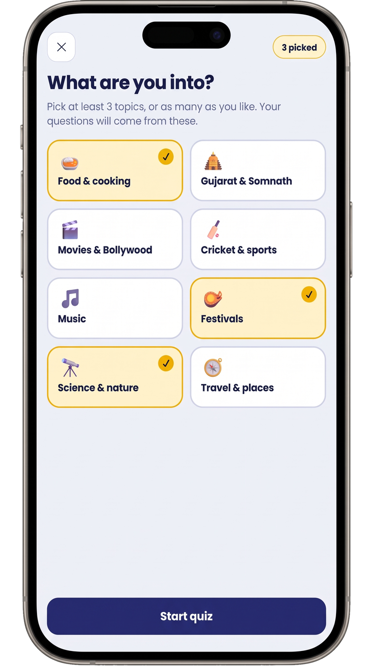 Quiz & Win Topics selection screen — guests select topics like food, cricket, and festivals while waiting
