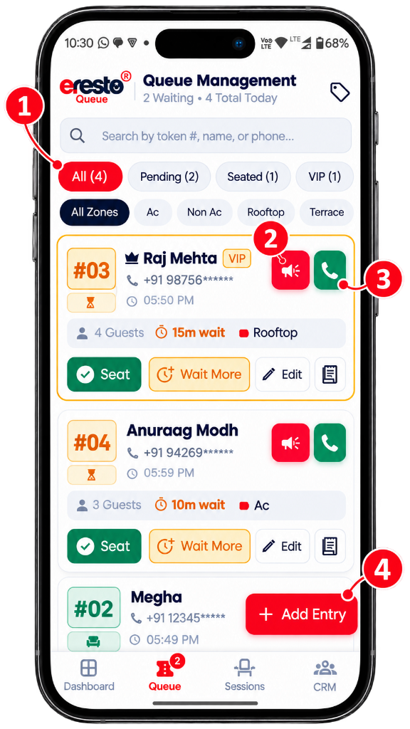 eresto Queue app running the line — live waitlist, one-tap calling, audio announcement, and queue status tags