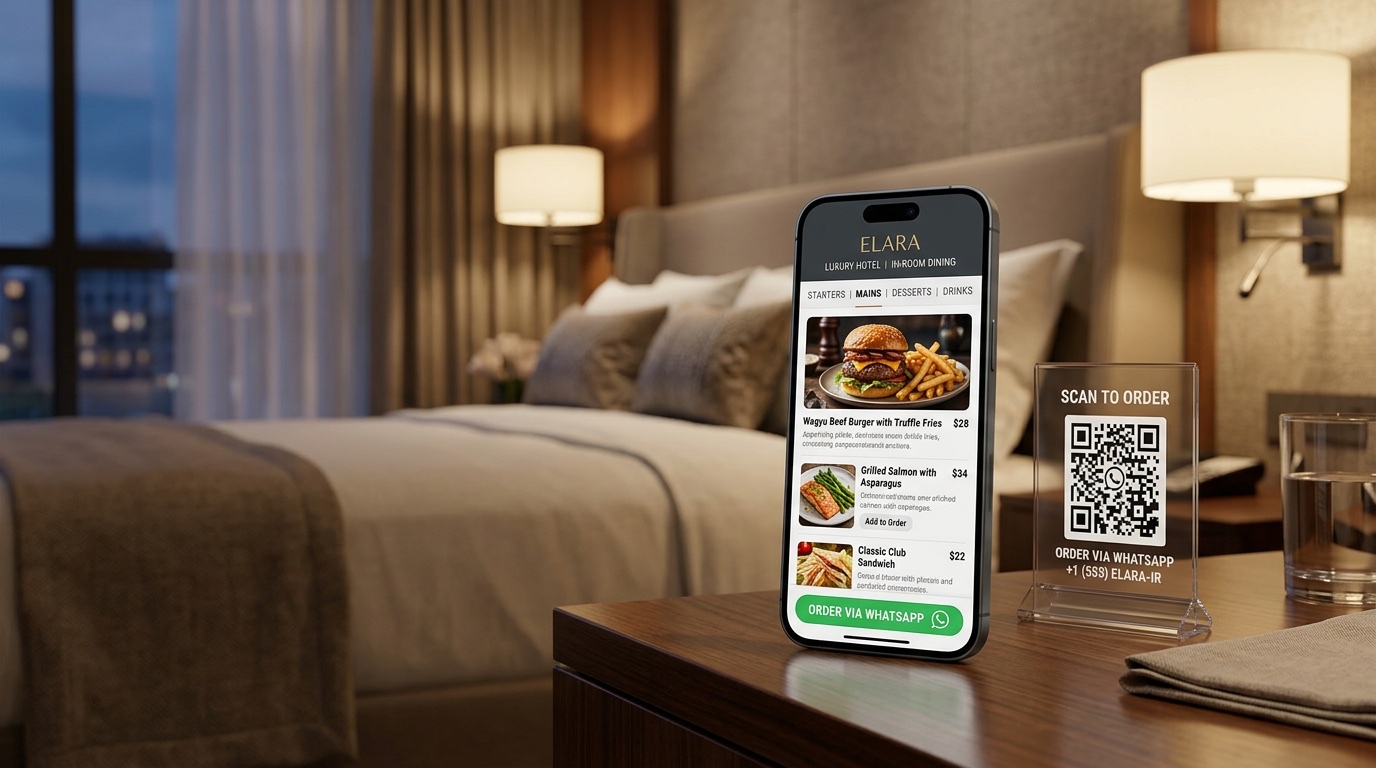 Hotel in-room dining digital menu on a smartphone — session-aware menu showing active meal period only, with WhatsApp ordering for overnight hours