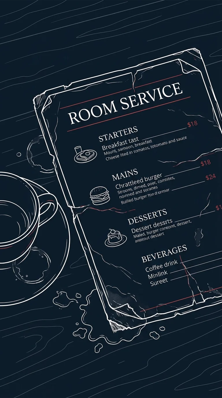 Illustration of worn-out, stained, damaged paper room dining menu card