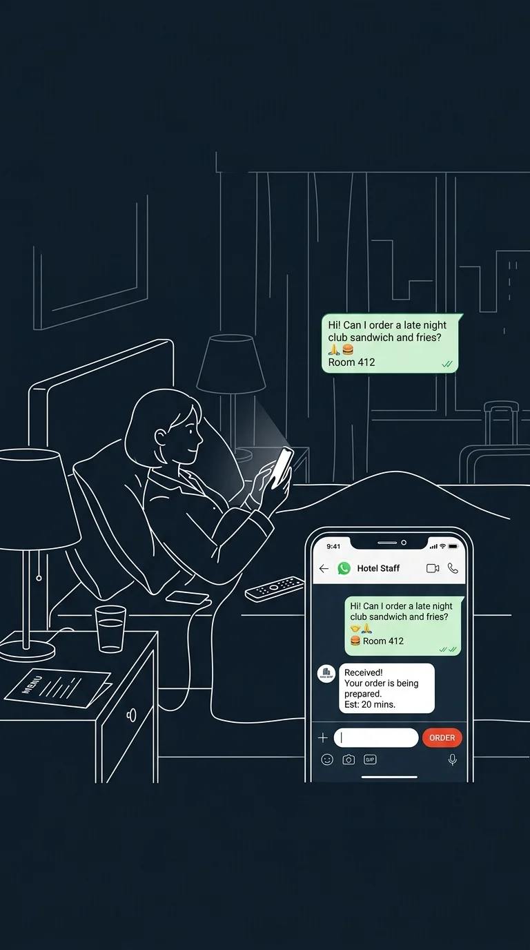 Illustration of overnight hotel in-room dining WhatsApp ordering workflow