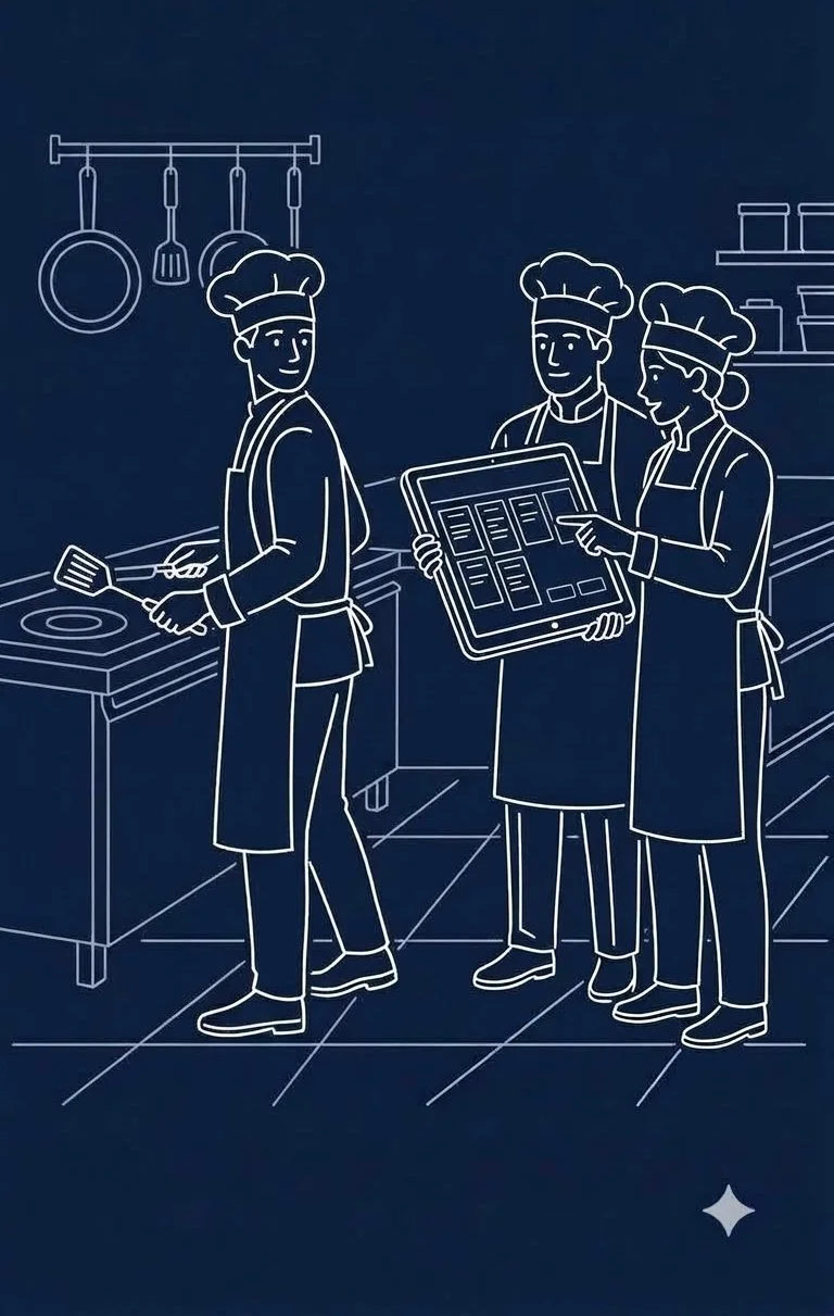 Kitchen staff reviewing orders on Kitchen Display System tablet — eresto