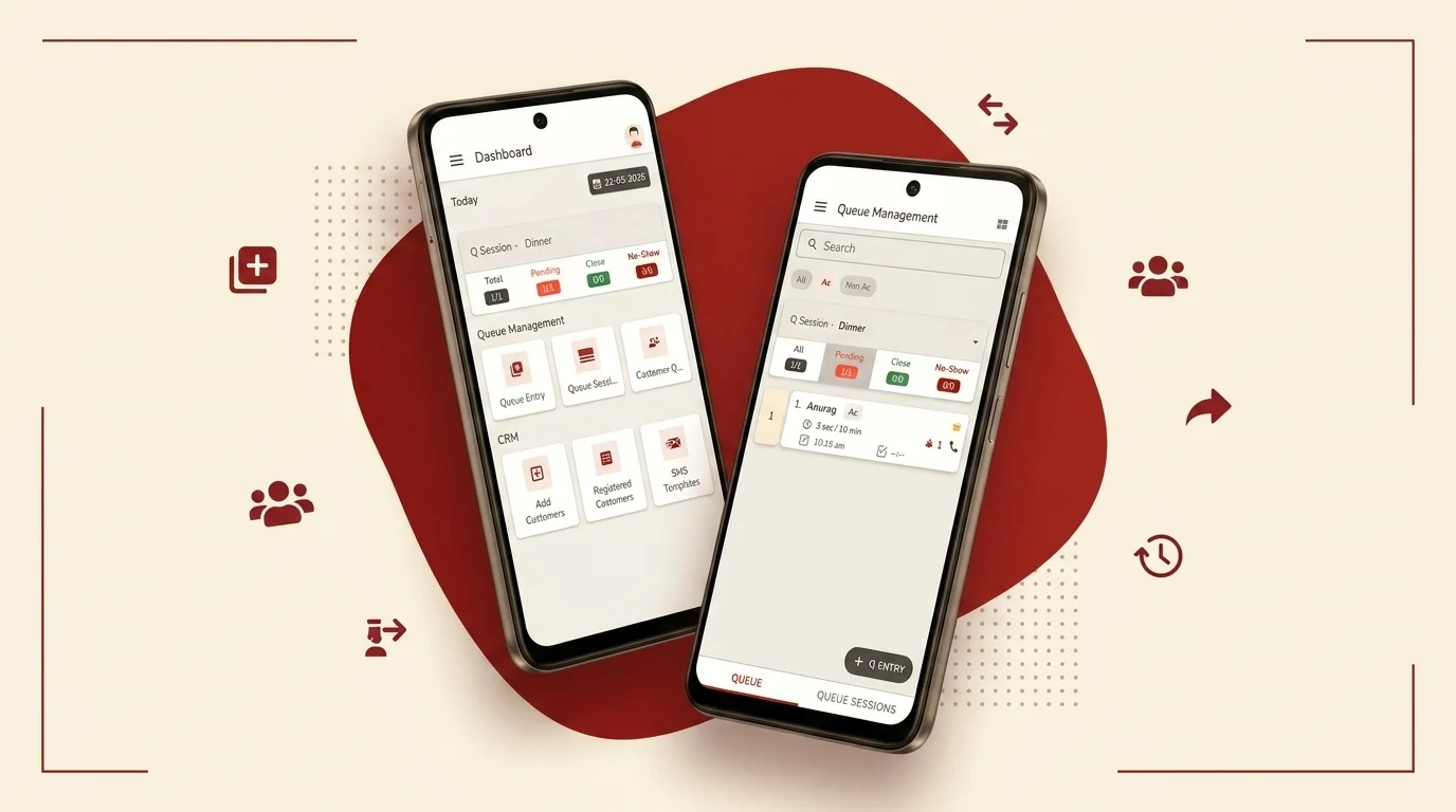 eresto Queue mobile app showing Dashboard and eresto Queue screens side by side