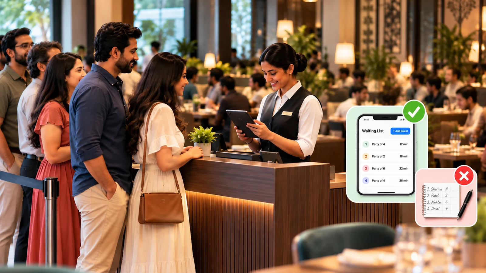 Restaurant host checking a digital waiting list on a tablet while guests queue at the reception desk, with a paper notebook list shown beside the app for comparison
